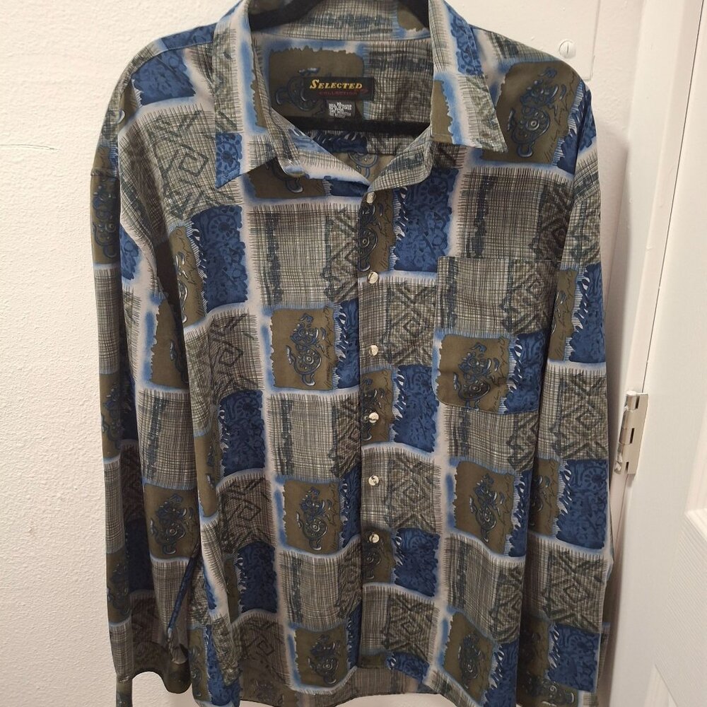 Selected By Kelin Collection Vintage Mens XL Long Sleeve Shirt Blue Brown Tan - Picture 1 of 8